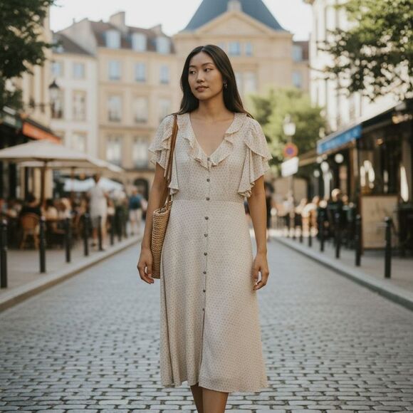 bohme Dresses & Skirts - Bohme Ruffle Neck Polka Dot Flutter Sleeve Button Front Boho Midi Dress, L NEW